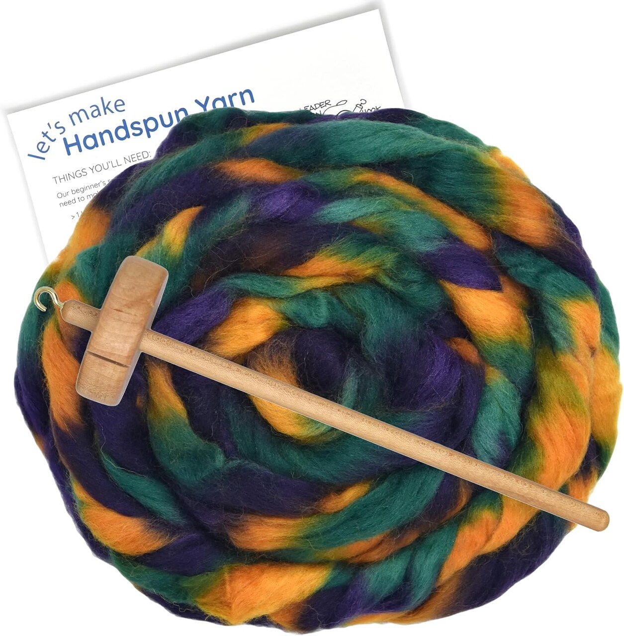 Learn to Spin Yarn - Beginner's Spinning Kit Includes Drop Spindle, Space Dyed Wool Roving and Printed Instructions with Video